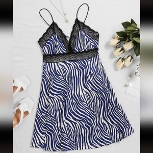 Navy Blue & White Zebra + Lace Night Gown